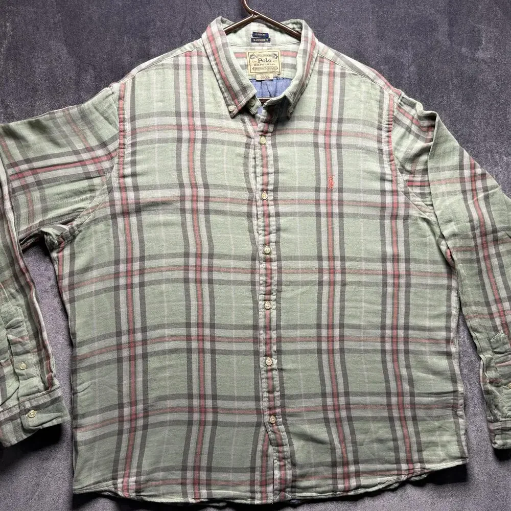 Polo Ralph Lauren Shirt Mens 2XL Green Plaid Classic Un tucked Button Up